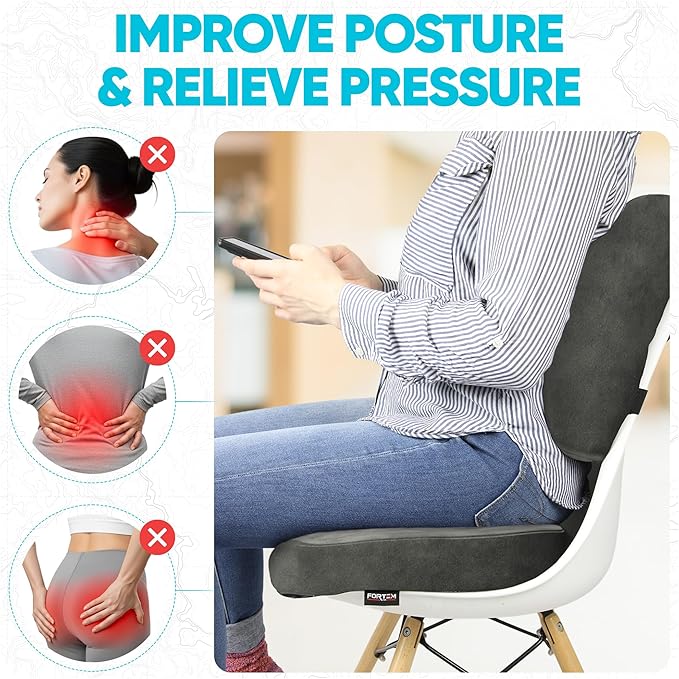FORTEM Seat Cushion, Office Chair Cushion, Lumbar Support Pillow for Office Chair, Memory Foam Sciatica Coccyx Tailbone Pressure Pain Relief, Car Sitting Pad, Washable Non Slip