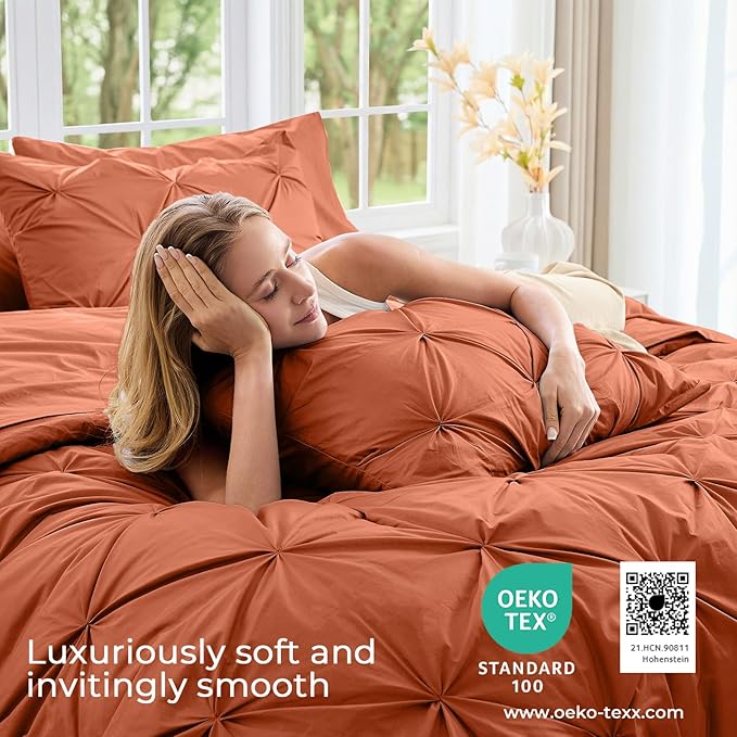 Sasttie Full Size Comforter Set, 7-Piece Bed in a Bag, Pintuck Bedding Set for All Season, Includes Comforter, Flat Sheet, Fitted Sheet, Pillowcases and Pillowshams, Burnt Orange