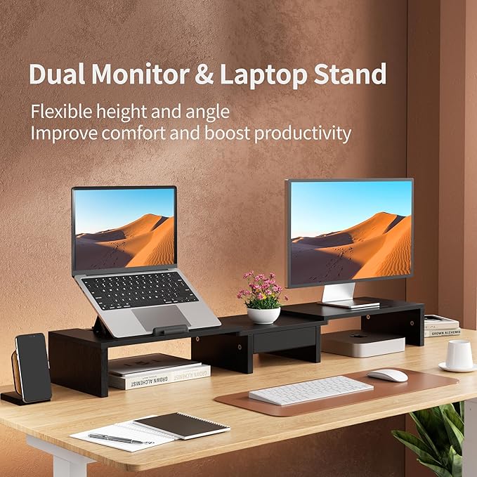 Dual Monitor Stand Riser - Computer Monitor Stand for 2 Monitors，Office Desktop Organizer，Adjustable Length and Angle 3 Shelf with Storage Drawer Phone Holder for Monitors and Laptops-Black
