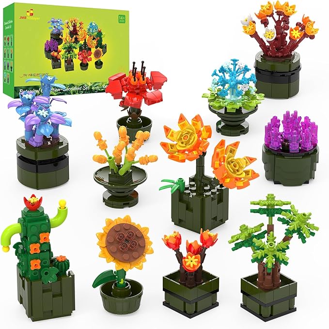 JMBricklayer Flowers Succulents Building Sets for Adults 10001, 12 Pack Tiny Plants Botanical Collection Display for Room Decor, Bonsai Flowers Building Blocks Gifts for Women Girls, Cute Succulents