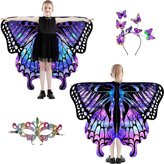 Butterfly Wings For Girls, Double-Sided Fairy Wings, Halloween Costumes for Kids, 3PCS Butterfly Cape Set.