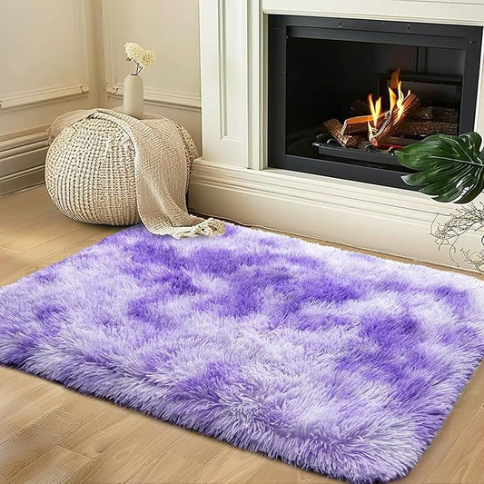 Xexsin Small Rugs for Bedroom, Fuzzy Throw Rug for Living Room Dorm, Soft Fluffy Bedroom Rug, Non Slip Shag Rugs, Modern Indoor Home Decor Aesthetic, 2x3 Feet, Tie-Dyed Purple
