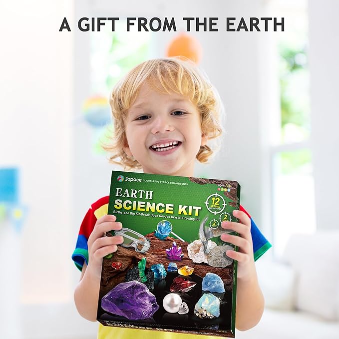 Japace Earth Science Kits for Kids Age 4-6-8-12-14, Birthstone Gemstone Dig Kit, Geology Kit with Break Your Own Geodes, Crystal Growing Experiment, Rock Mining Kit Birthday Gifts Toys for Boys Girls