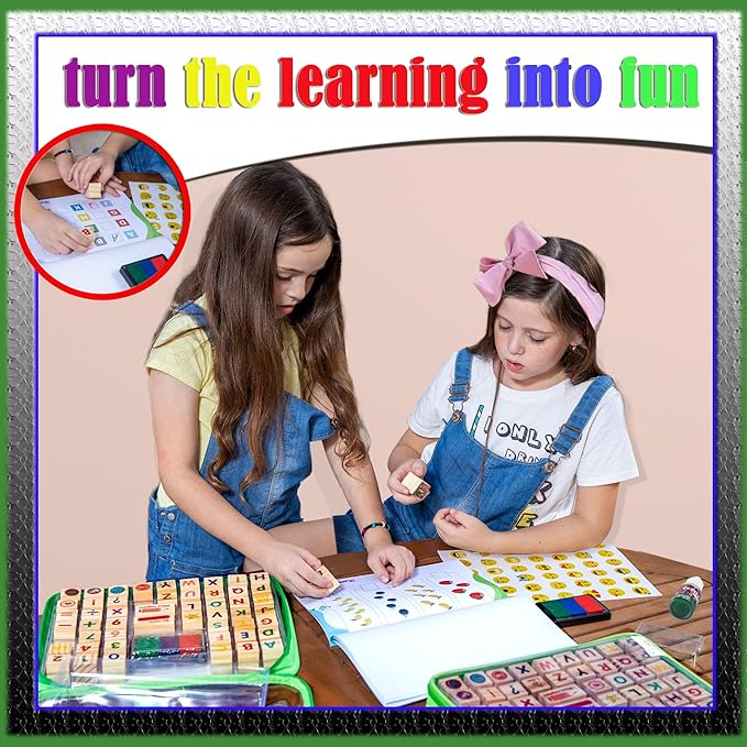 Large Wooden Stamp Premium Set for Kids. 72 Pcs Alphabet Stamps. Letters, Numbers, 3-Color Washable Ink Pad, 3 Refill Bottles, Activity Book. Ideal Creativity Kit for Back to School