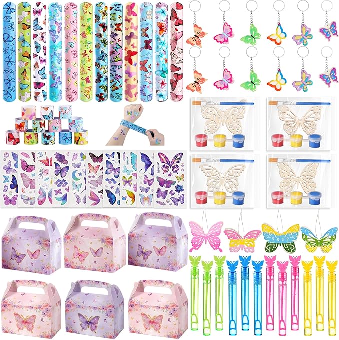 Butterfly Party Favors Birthday Decorations Fairy Themed Birthday Party Supplies for Girls Kid Straw Bubble Wand Slap Bracelet Keychain Gift Prize Goodie Bag Stuffer Classroom Reward