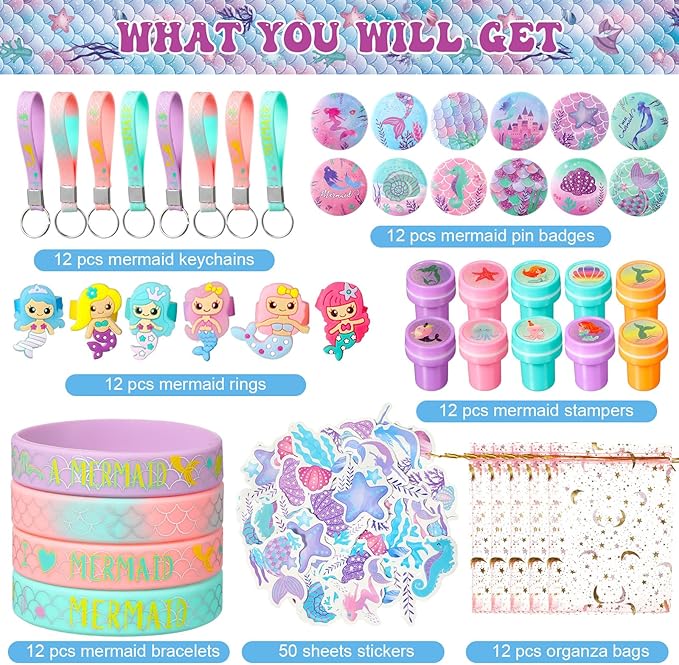 Capoda 122 Pcs Mermaid Party Favors for Girls Mermaid Theme Bracelets Keychains Pin Badges Stampers Rings Stickers Organza Bags for Piñata Stuffers Goodie Bag Fillers Birthday Decorations Supplies
