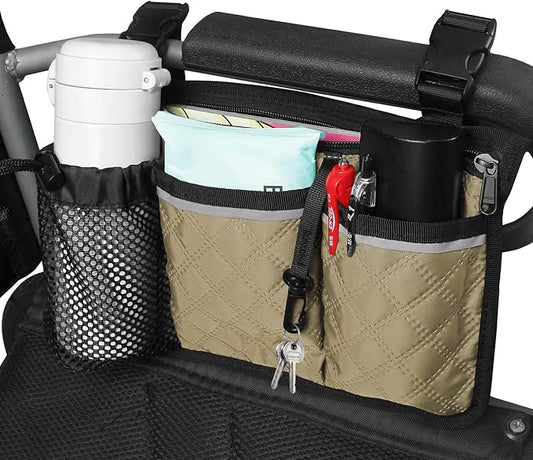 Wheelchair Bag with Cup Holder, Wheelchair Accessories Armrest Side Bag Multi Pockets Pouch for Electric Wheelchairs, Walker, Rollators & Mobility Scooters, Adults, Seniors, Khaki