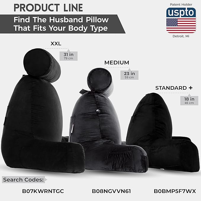 Husband Pillow Medium Aspen Edition Stable Black, Sit Up Reading & Bed Rest with Arms, Ultra-Comfy, Detach Neck Roll - Premium Shredded Memory Foam Backrest, Reverses to Micro: Suede or Plush