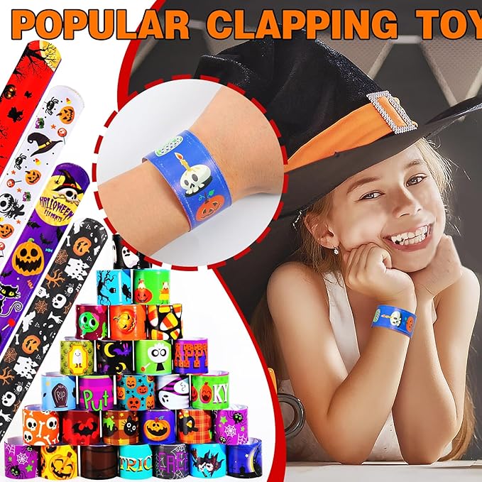 144 PCS Halloween Slap Bracelets Halloween Party Favors Supplies for Kids-108 Different Designs Bracelets Bulk for Halloween Decorations Halloween Treat Toys Bag Stuffers Gift for Kids Girls Boys