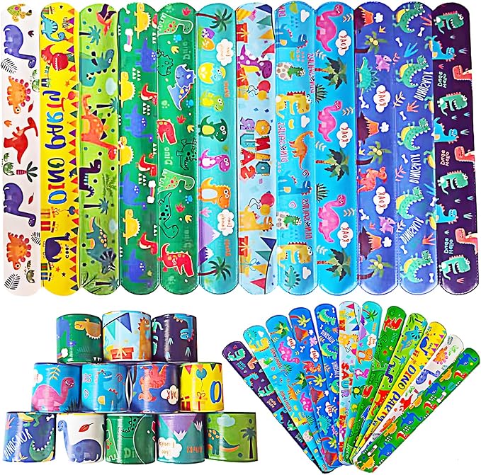 24Pcs Dinosaur Slap Bracelets Cute Cartoon Snap Bracelet Wristband for Party Favour Bag Filler Bulk Snap Bands for School Prizes/Exchanging Gift/Christmas/Easter/Thanksgiving/Birthday Gifts