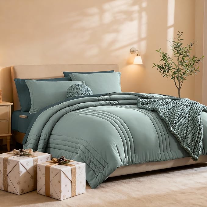 Monbix King Size Comforter Set - 7 Pieces Bed in a Bag King, Sage Green Bedding Sets with Comforter, All Seasons Comforter Bed Set with Sheets, Pillowcases & Shams
