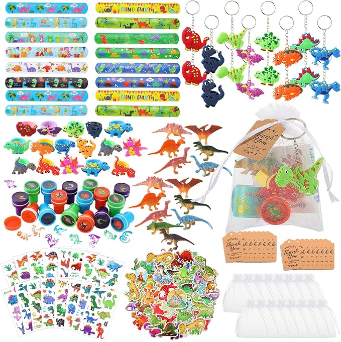 Hungdao 178 Pcs Dinosaur Birthday Party Favors for 16 Kids with Dinosaur Keychain Sticker Stamp Ring Slap Bracelet Tattoo Sticker Gift Bag Tag for Dinosaur Boys and Girls Party Carnival Gift Fillers