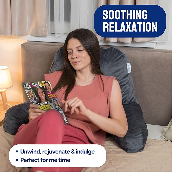 ComfortSpa Reading Pillow for Bed Adult Size, Back Rest Pillow with Arms, Pockets and Washable Cover; Use as a Back Pillow for Bed Sitting Up for Bedrest or Relief from GERD Heartburn (Large Grey)