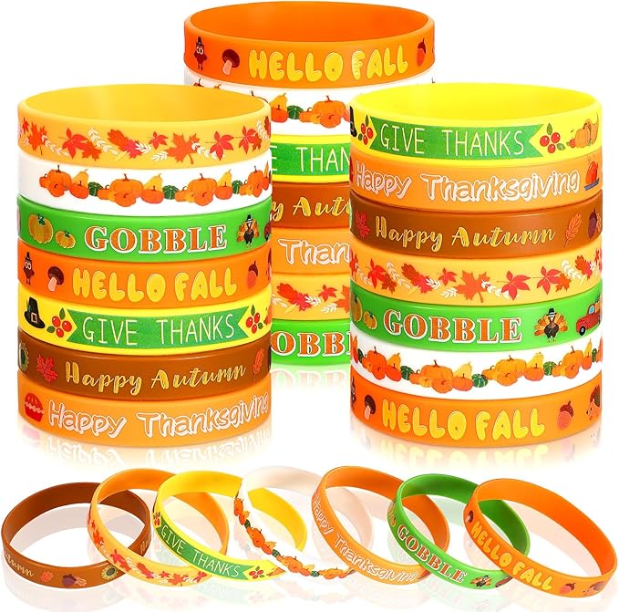 JUNEBRUSHS 42pcs Thanksgiving Party Favors Silicone Bracelets Rubber Wristbands Accessories for Autumn Thanksgiving Kids Adults Party Decorations Stuffers Filler Gift Supplies(7 Designs)