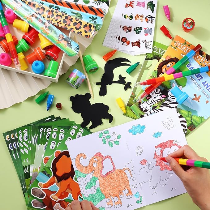 BenLouis 192Pcs Jungle Safari Party Favors Zoo Animals Coloring Books Crayons Sticker Stampers Slap Bracelets Set Bulk Classroom Prizes for Kids Wild One Party Baby Shower Goodie Bags Fillers