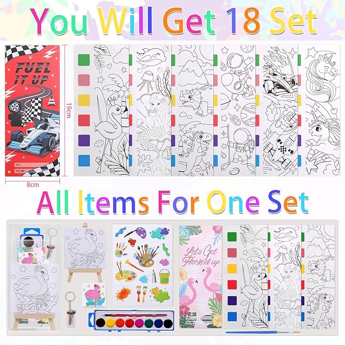 198Pcs Paint Party Favors Painting Kits for Kids Mini Predrawn Canvas Panel, Valentines Day Gifts for School Class Gift Exchanges Art Party Favors Watercolor Paint Coloring Cards for Kids
