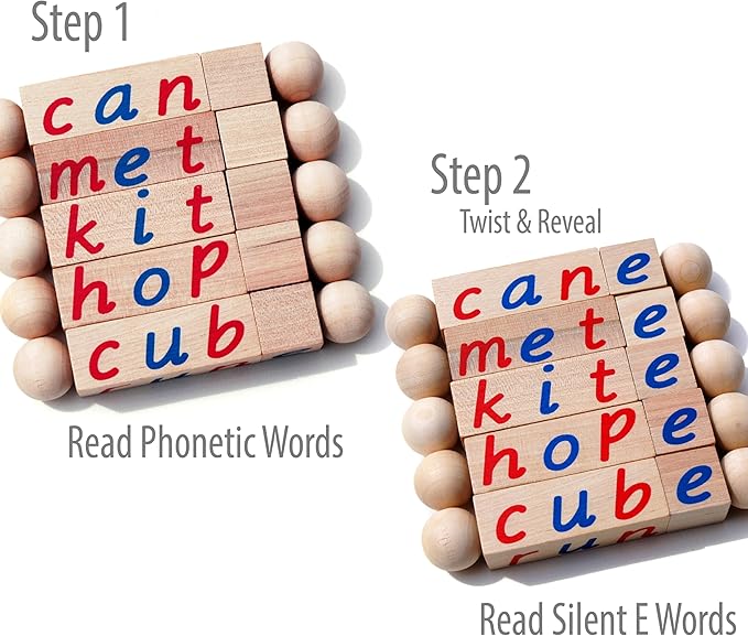 Silent E Reading Blocks - Teach Magic E to Preschoolers - Sight Word Educational Early Reader Wooden Twist Toy