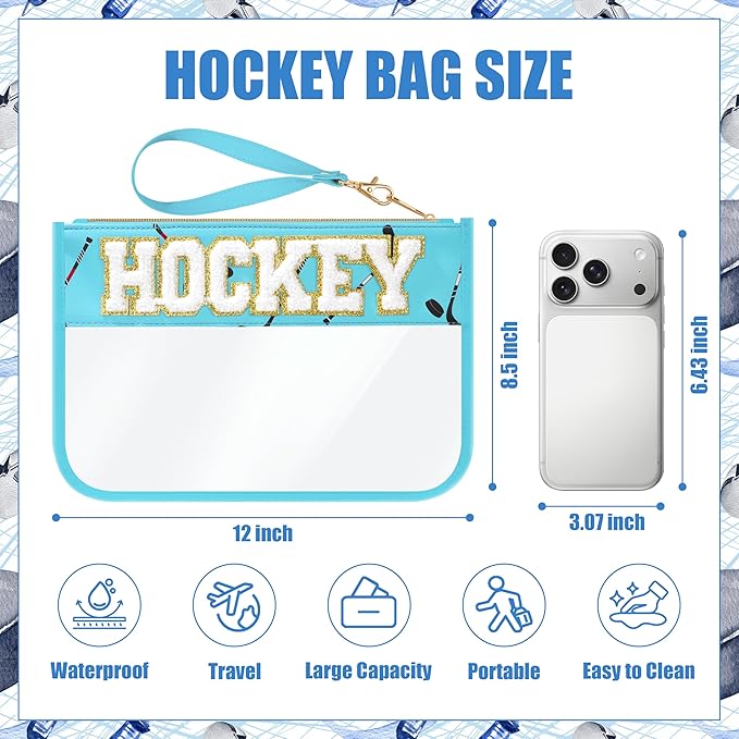 BuyCard Hockey Gifts Makeup Bag with Chenille Letter Patch, Clear Cosmetic Pouch PVC Organizer Purse, Waterproof Travel Bag, Portable Toiletry Storage Bag for Her Friends