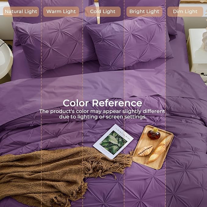 Sasttie California King Comforter Set, 7-Piece Bed in a Bag Cal King, Pintuck Bedding Set for All Season, Includes Comforter, Flat Sheet, Fitted Sheet, Pillowcases and Pillowshams, Grape Purple