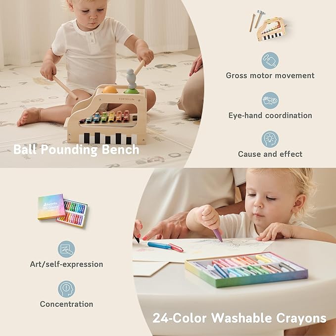 Fortella Montessori Toys for 1 Year Old, 6-in-1 Wooden Learning Educational Box Set with Ball Pounding Bench, Xylophone, Stacking Ring, Animal Figurines, Matching Cards, Developmental Toy Baby Gift