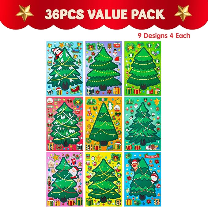 JOYIN 36 Pcs Christmas Tree Stickers Make Your Own Xmas Stocking Stuffers, Holiday Presents, Green Stickers for Kids Party Favor, Art Craft Supplies, Classroom Activities Game