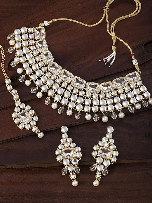 Aheli Kundan and Simulated Colored Stones Indian Ethnic Maang Tikka Necklace and Earrings Set Bollywood Festive Statement Jewelry Gift for Women