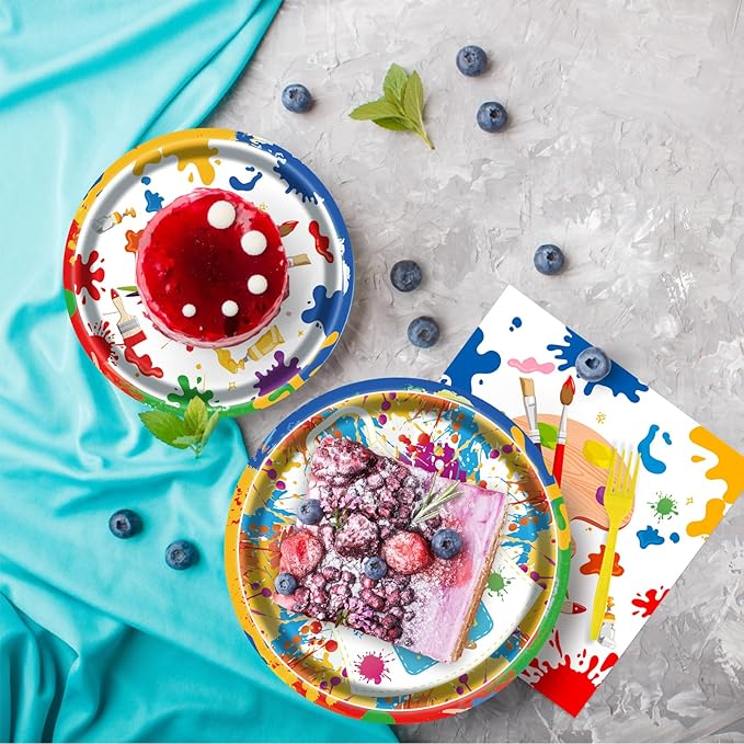 Art Party Kit for 24 Guests - 97 Pcs Including Plates, Forks, Napkins, Bunting - Unleash Imagination with Colorful Artist's Tableware