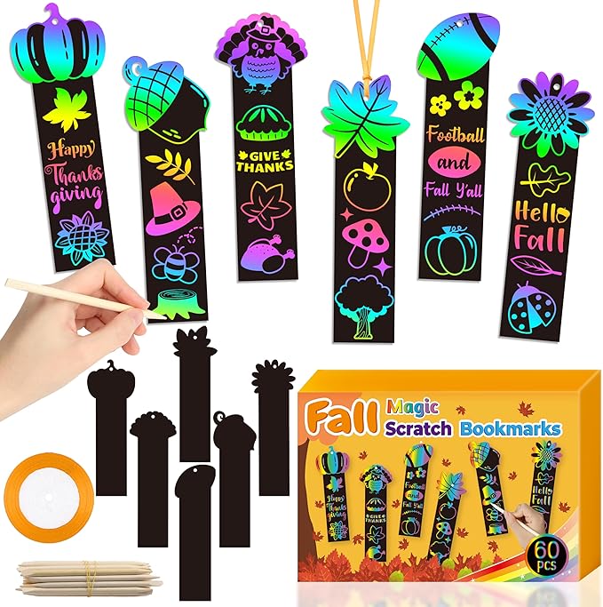 BeYumi 60Pcs Fall Harvest Scratch Bookmarks for Kids DIY Hello Fall Autumn Leaves Pumpkin Turkey Magic Art Rainbow Color Paper Craft Kit School Classroom Activity Art Project Thanksgiving Party Favors
