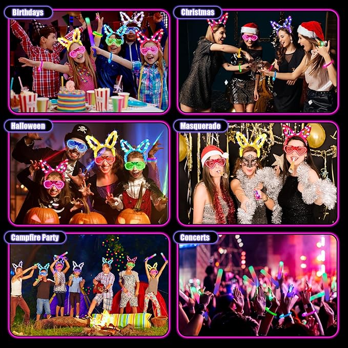 Glow in the Dark Party Supplies, Light Up Party Favors with 12 LED Glasses,Foam Glow Sticks,Light Up Headband, 6 Glow Bracelets,Finger Lights,Glow Rings for Kids Adults Neon Party Decorations