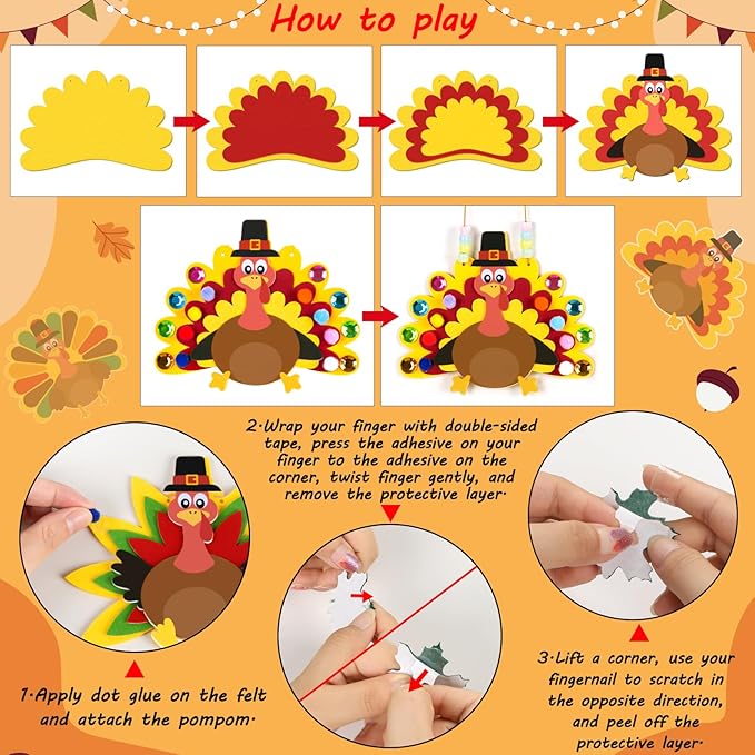24Pcs Thanksgiving Crafts for Kids - Fall Turkey DIY Felt Art Kits Bulk Toys for Classroom Activities Party Games Ages 3-5, 4-8, 8-12
