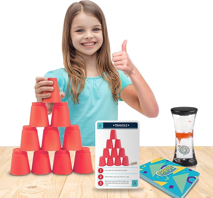 Gamie Stacking Cups Game with 18 Fun Challenges and Water Timer, 24 Stacking Cups, Sturdy Plastic, Classic Family Game, Idea for Boys and Girls Ages 3+ Olds, Tons of Fun