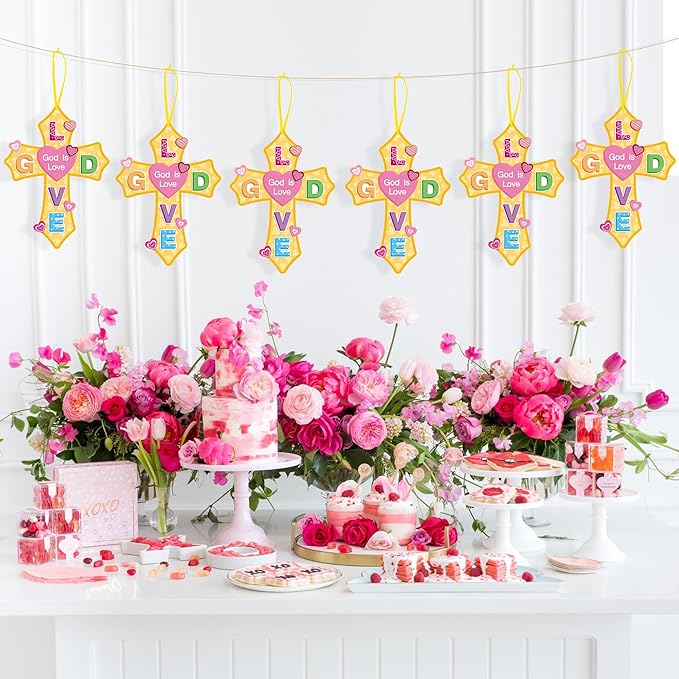 Haooryx Valentine's DIY Craft Kit - 28 Pack Valentine’s Day God is Love Cross Craft Kit Make Your Own Thankful Cross Hanging Ornament Religious Sunday School Church Christian Party Fun Activities