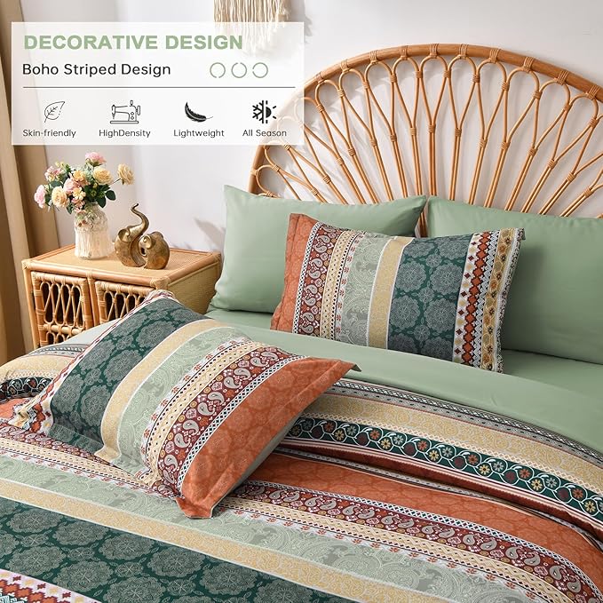 Cottolester Boho Comforter Set Queen Size,8 Pieces Sage Green and Orange Bohemian Striped Bed in a Bag,Paisley Soft Microfiber Bedding Comforter Set