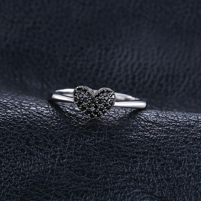 JewelryPalace Love Heart Genuine Black Spinel Rings for Her, 14K White Gold 925 Sterling Silver Promise Ring for Women, Natural Gemstone jewelry Sets Rings