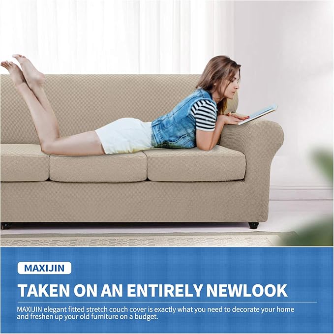 MAXIJIN 3 Piece Stretch Couch Covers for 2 Cushion Couch Sofa Slipcovers with 2 Extra Large Seat Cushion Couch Jacquard Loveseat Sofa Couch Cover for Dogs (2 Cushion Sofa, Khaki)