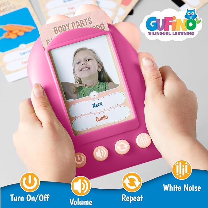 GUFINO Learning Toys for Toddlers 1-3 – Pink Bilingual Toys in Spanish and English with Sight Words Flash Cards 1st Grade and Older – Juguetes para Niñas de 3 Años. Early Language Development