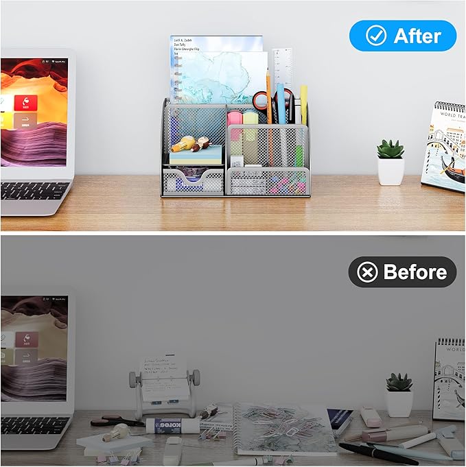 EasyPAG Mesh Desk Organizer with Drawer Multi-functional Pen Holder Stationery Organizer for Office School Supplies 6 Compartments Dorm Organizers and Storage for Desk, Silver