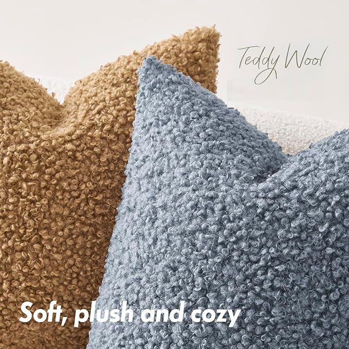 Woaboy Faux Fur Throw Pillow Covers 18x18 Inch Set of 2 Boucle Neutral Decorative Sherpa Fuzzy Accent Soft Sheepskin Fleece Cushions Modern Home Decor for Sofa Bedroom Living Room,Coastal Dusty Blue