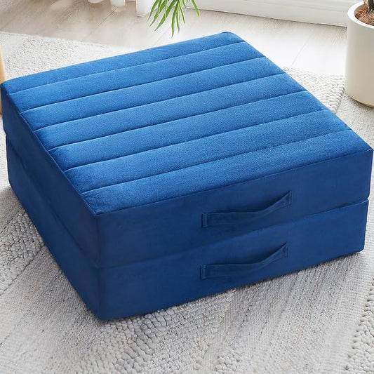 2 Pcs High Density Foam Floor Pillow - Upgraded Large Pillows Seating for Adults - Outdoor Floor Cushion with Soft Tufted Cover - Yoga Pillows for Sitting On Floor - 22 Inch Navy Blue