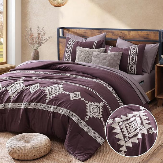 MaiRêve Embroidery Full Size Comforter Set Purple, Farmhouse Western Boho Bedding Set 7 Pieces, All Season Bed in A Bag Comforter Set with Sheets, Pillowcases & Shams