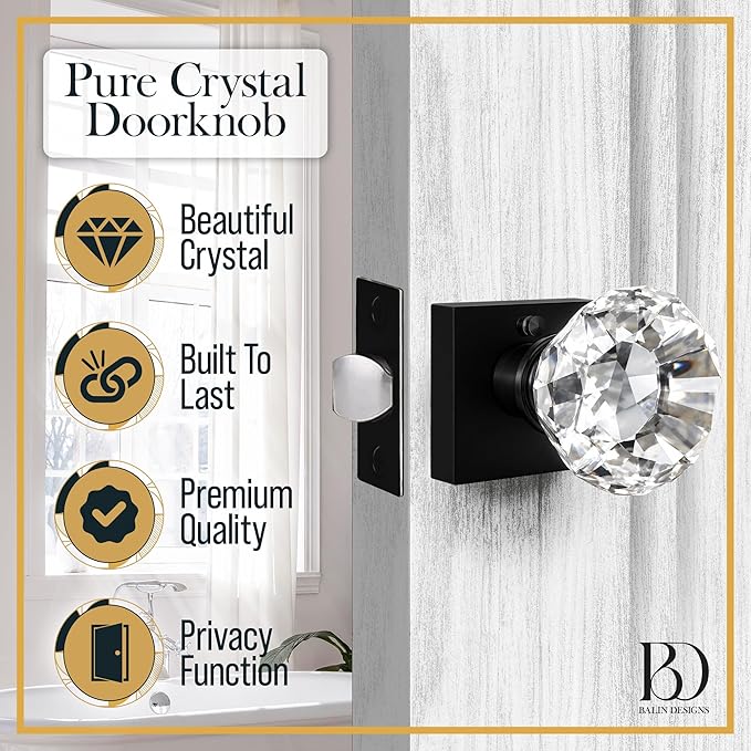 Clear Crystal Door Knob with Lock, Square Base, Glass Door Knobs Interior Privacy Set, Vintage Decorative Antique Style Handle for Bedroom, Bathroom, Closet, 1 Pack