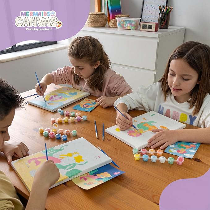 BONNYCO Paint by Numbers Kit for Kids Mermaid Pack 3 Canvas Paint by Number Canvas Framed Mermaid Gifts for Girls Arts and Crafts, Kids Paint by Number Kits, Pre Drawn Canvas for Painting for Kids