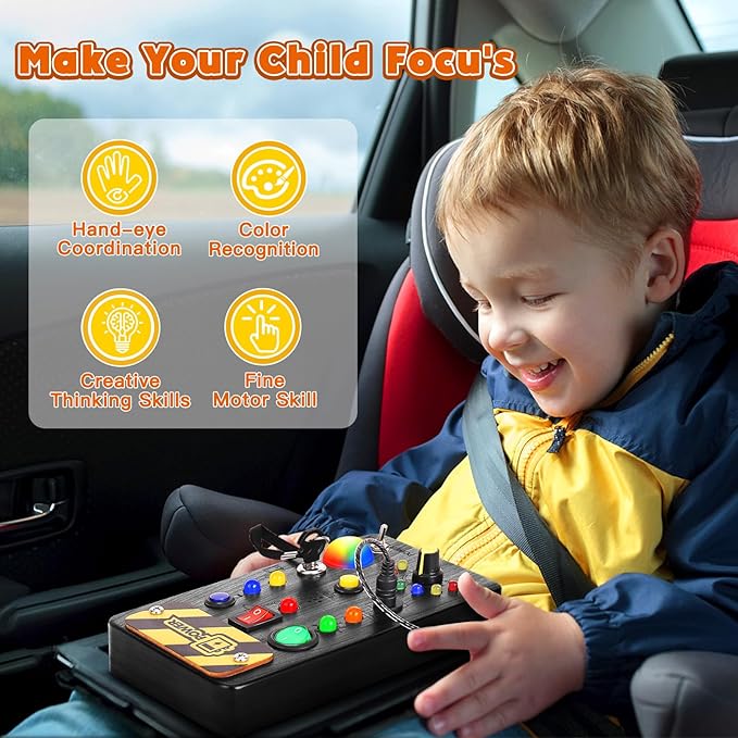 Busy Board Montessori Toys for Toddler, Wooden Sensory Board Switch Toy with Color-Changing LED Light Up Travel Toys Educational Plane Travel Activity for 1-6 Year Old Girls & Boys Gifts