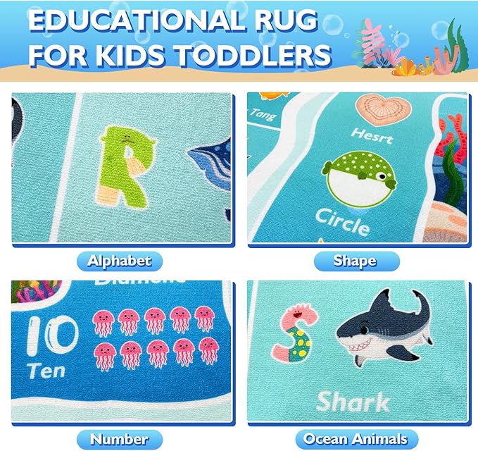 ABC Kids Ocean Rug for Playroom, 4x6ft Alphabet Classroom Rug, Educational Kids Play Mat with Number Shape Animal, Learning Area Rug for Nursery Bedroom Kidsroom, Colorful Non-Slip Washable