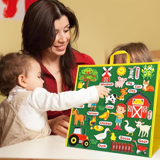 Felt Board&Story Sets and Pieces for Toddlers,Flannel Board Quiet Time Books for Children,Foldable,Double Sided,Felt Learning Board for The Classroom,Felt Toys Activities for Kids (Farm Animals)