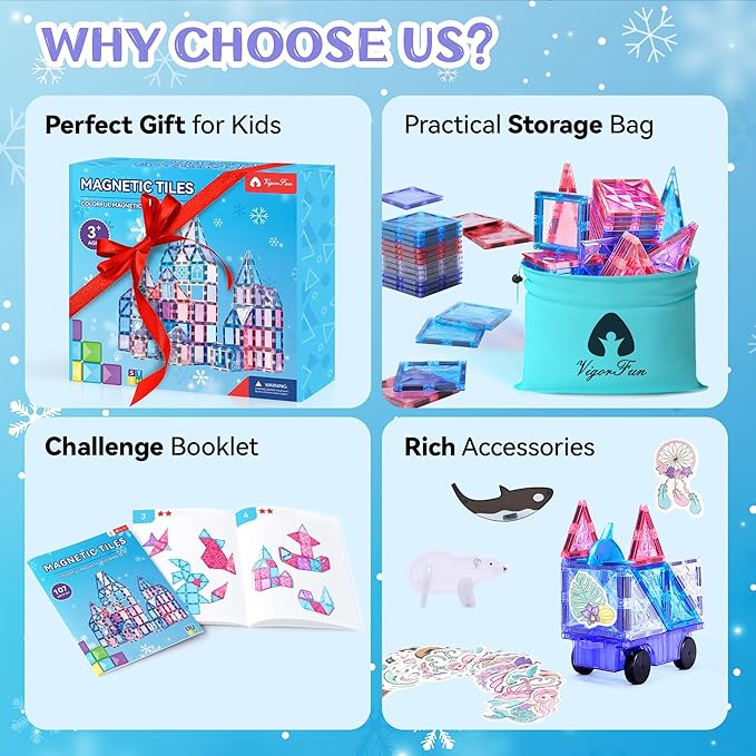 Magnetic Tiles Set, Frozen Magnet Building Blocks with Car Animal Models and Stickers, Construction Educational STEM Sensory Toys Gifts for for 3 4 5 6 7 8 + Year Old Kids Toddlers Boys Girls