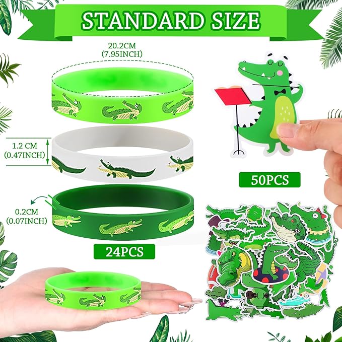 Leyndo 122 Pcs Crocodile Party Favors Gift Set Reptile Party Supplies Crocodile Birthday Party Supplies Reptile Party Favors Crocodile Silicone Wristbands Stickers Toy Bag for Reptile Party Supplies