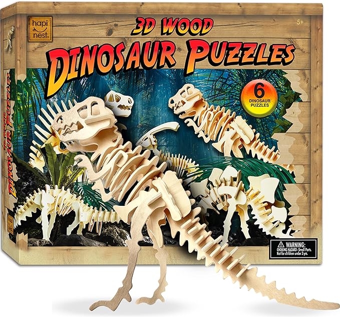 Hapinest 3D Puzzle Wooden Dinosaur Puzzles, 3D Wooden Puzzles Dinosaur Model Kit for Kids, Makes 6 Dinos, Building Toys Wood 3D Puzzles for Kids Boys & Girls Ages 5 6 7 8 9 10 11 12 Years Old & Up