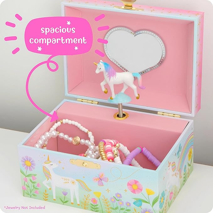 Floral Unicorn Jewelry Box - Unicorn Toys for Girls Age 4-6 - Kids Jewelry Box with Spinning Unicorn - 6 x 4.7 x 3.5 in