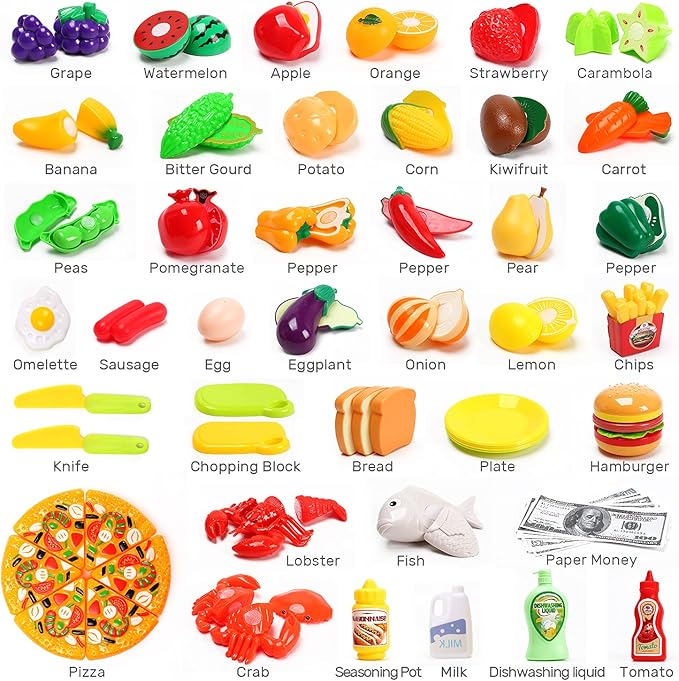 HOLYFUN 100 PCS Cutting Play Food Toy for Kids Kitchen, Pretend Fruit & Vegetables Accessories with Shopping Basket, Plastic Mini Dishes, Play Money, Perfect Educational Toy for Toddlers Boys & Girls